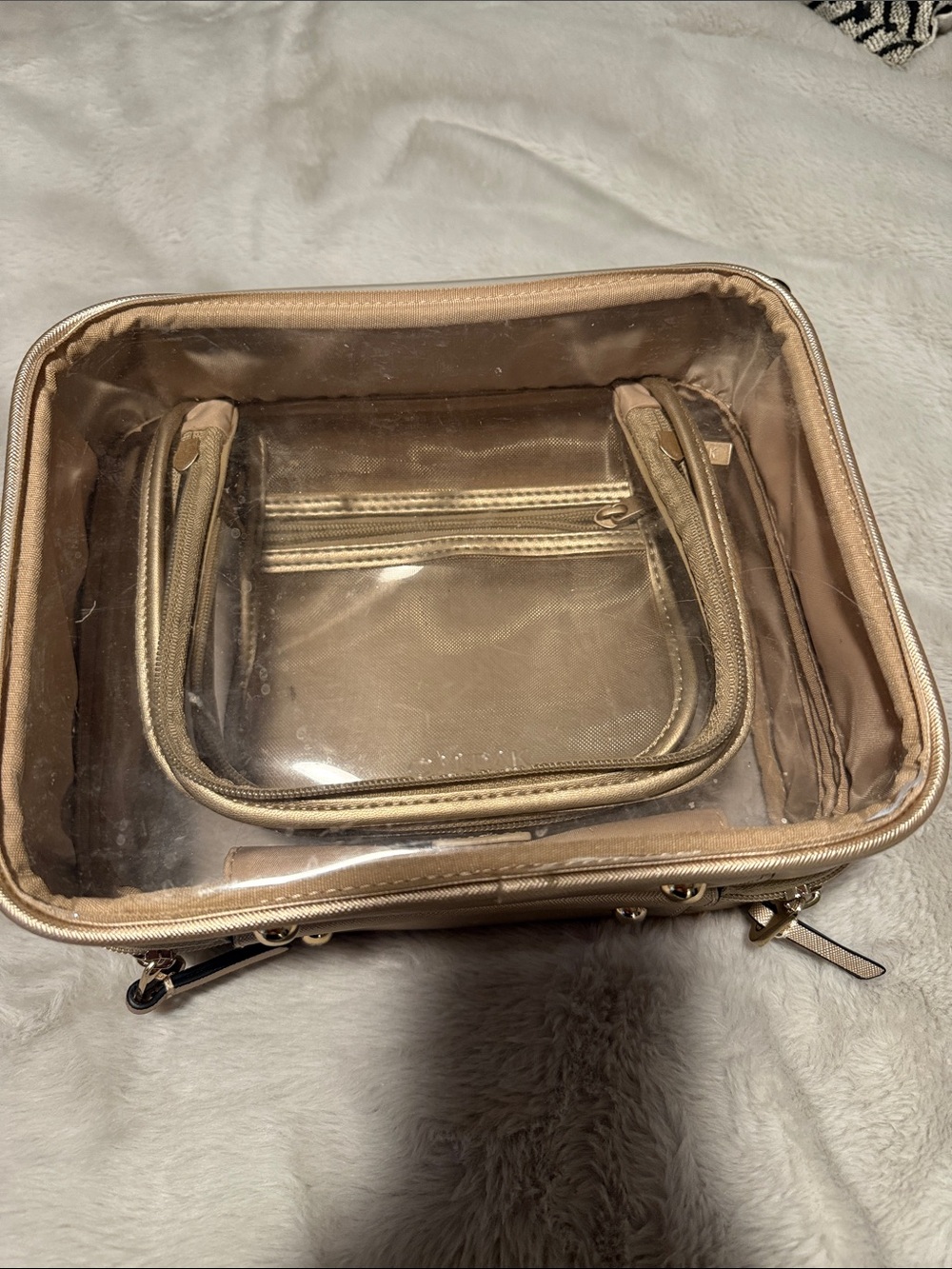 Calpak Clear Cosmetic Case with Beige Trim and Handles